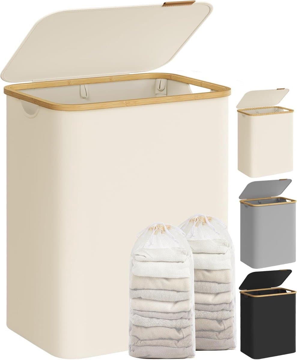 SONGMICS LCB513W01 Wasmand met deksel met 2 vakken, 130 liter, uitneembare waszak, Oxford-stof, handgrepen van bamboe, opvouwbaar, 52 x 38,5 x 70,5 cm, crèmewit — afbeelding 1