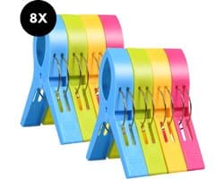 Ultiluxe® Grote strandlaken knijpers - 8 stuks - XXL badhanddoek klemmen - Handdoek clips - Wasknijpers - Badlaken vastzetten - Ligbed, strandstoel, kleding, camping stoel, tafelkleden - Kunststof strandhanddoek