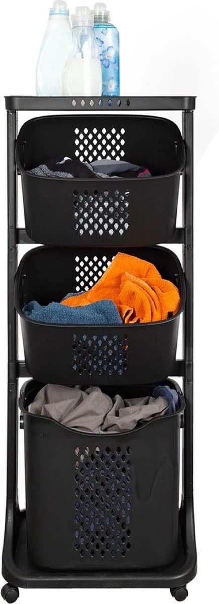 Eleganca Wasmand 3 vakken - Inhoud 82 L - Wassorteerder - Afneembare manden - Wasmand op Wielen - Ruimtebesparend - B44xD33xH109 cm - Kunststof - Zwart — afbeelding 1