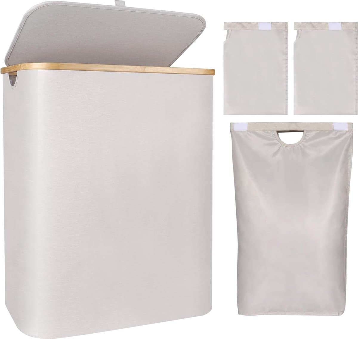 Wasmand met deksel 140 L, wasmand met verwijderbare 3 binnenzakken, opvouwbare wasbox 3 vakken Geschikt voor maximaal een week kleding, beige — afbeelding 1