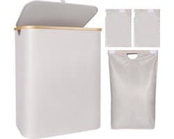 Wasmand met deksel 140 L, wasmand met verwijderbare 3 binnenzakken, opvouwbare wasbox 3 vakken Geschikt voor maximaal een week kleding, beige