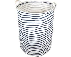 QUVIO Wasmand - Opvouwbare wasmand - Opbergmand - Speelgoedmand - Waszak - Wasmanden - Met handvaten - Wassorteerder - Wasbox - Inhoud 30 Liter - Rond - Stof - Wit met blauwe strepen