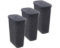 5Five Smalle Wasmand met deksel Rotan - 3x - donkergrijs - gevlochten kunststof - 40 liter - 26 x 46 x 60 cm