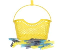 24x gekleurde wasknijpers in hangmandje - geel - kunststof - 17 x 19 x 11.5 cm - wassen - ophangen - knijpers — afbeelding 1
