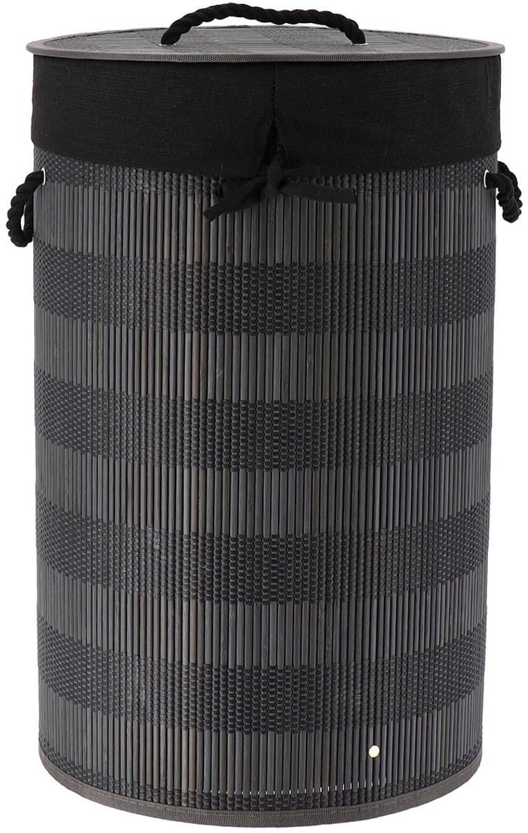 Tendance Wasmand Rustic met deksel Rotan - zwart/grijs - rond - katoen/bamboe - 67 liter - 35 x 35 x 55 cm — afbeelding 1