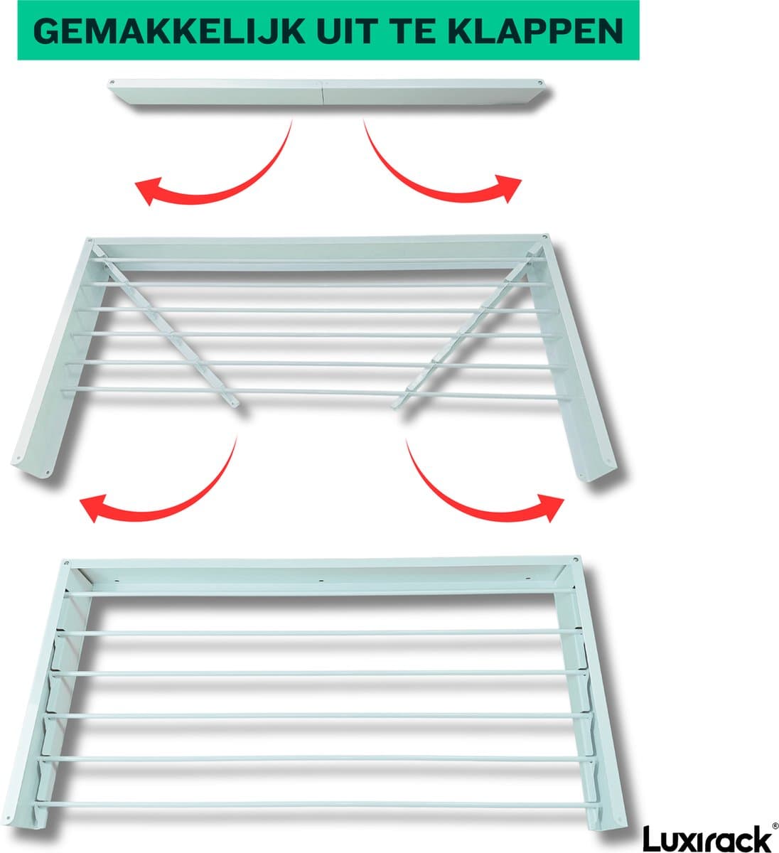 Luxirack Wanddroogrek - Wit - 100 cm - 6m Drooglengte - Incl. Boormal - Droogrek Inklapbaar - Wasrek Hangend - Uitklapbaar - Muur - Ophangbaar — afbeelding 1