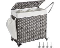 wasmand met de hand gevlochten, waszak met deksel, met 3 vakken, opvouwbaar, met wielen, van polyrotan, handgrepen, katoenen waszak in de machine wasbaar, natuurlijke kleuren LCB363G01