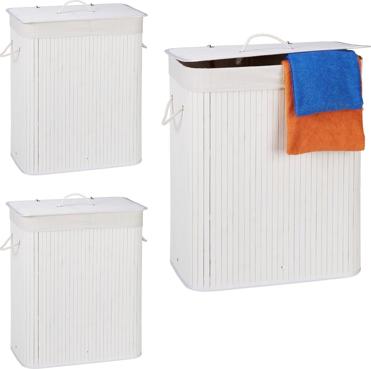 3x wasmand 2 vakken - witte bamboe wasbox - 95 liter - opvouwbaar - met deksel — afbeelding 1
