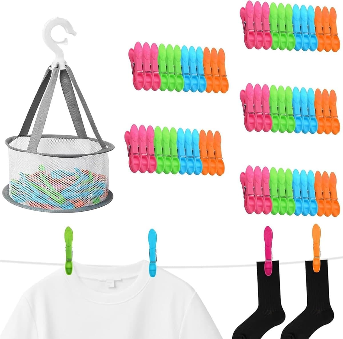 60 Stuks Winddichte Wasknijpers met Mand, Ademend en Duurzaam voor Kleding en Kamperen — afbeelding 1