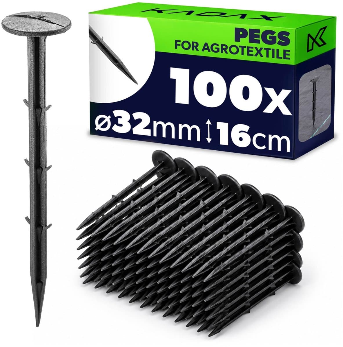 KADAX 100 stuks kunststof grondpennen – 16 cm lange grondankers met een kopdiameter van 32 mm – grondankers voor het bevestigen van tuinvlies en onkruidvlies in de tuin — afbeelding 1