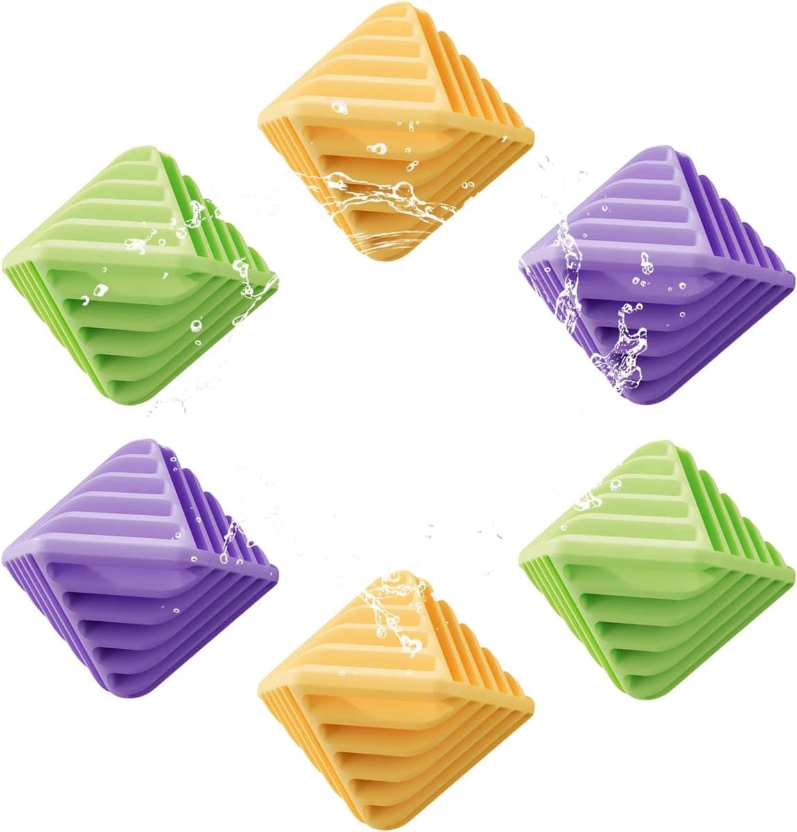 Wasbollen voor wasmachine - Set van 6 Herbruikbare Wasdrogersballen – Anti-Klit & Anti-Statisch – Zacht voor Textiel – Blauw|Paars|Geel – 5.8x5.8x5.8cm — afbeelding 1