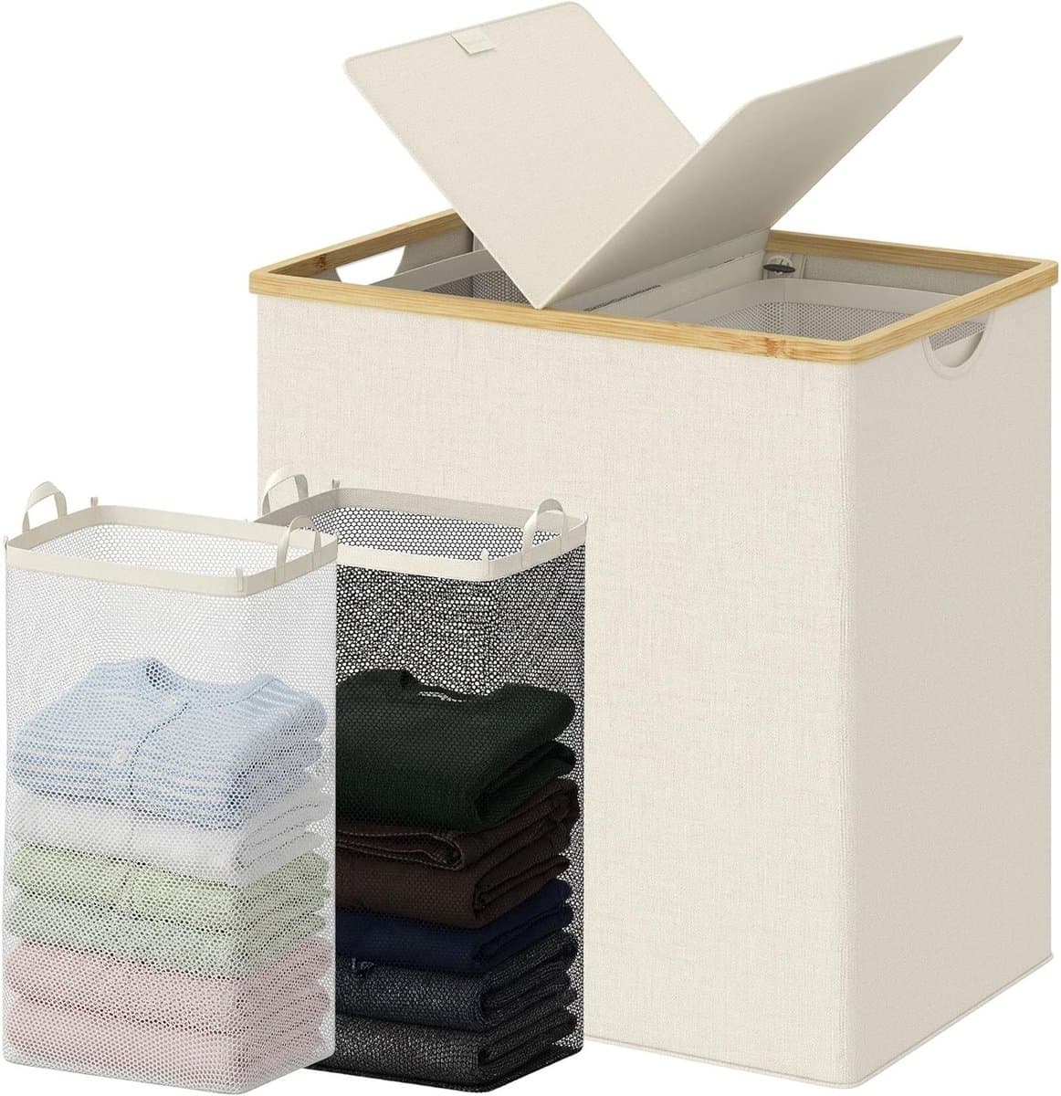 Dubbele Wasmand met Deksel en 2 Afneembare Vakken, 140 L, Ideaal voor Badkamer, Slaapkamer en Wasruimte, Beige — afbeelding 1