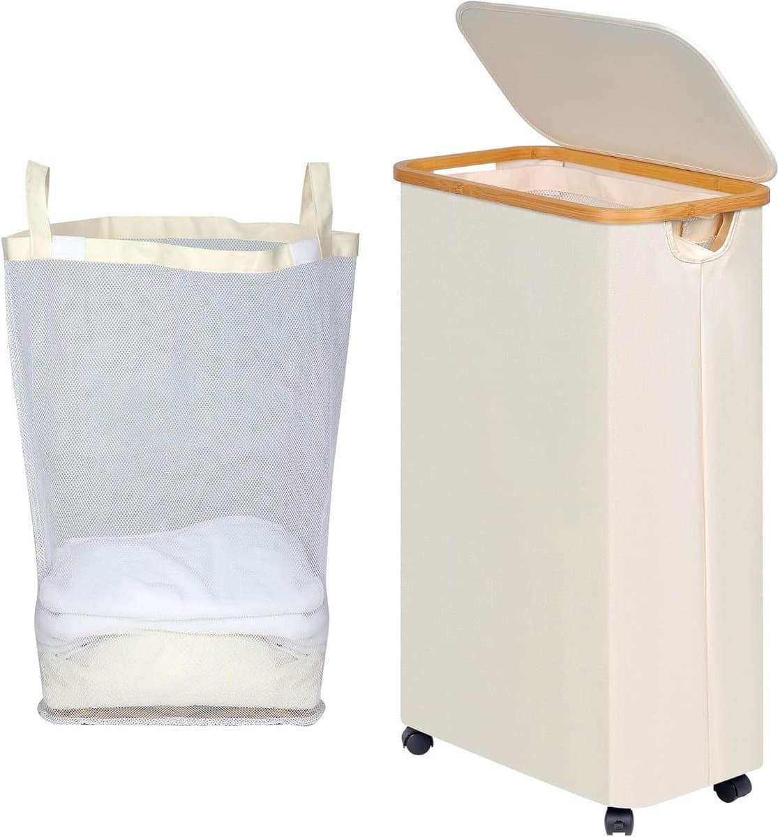 Vouwbare Wasmand met Deksel en Wielen, 75 L Capaciteit, Inclusief Afneembare Tas en Bamboe Handvatten, Ideaal voor Strijken en Opbergen — afbeelding 1