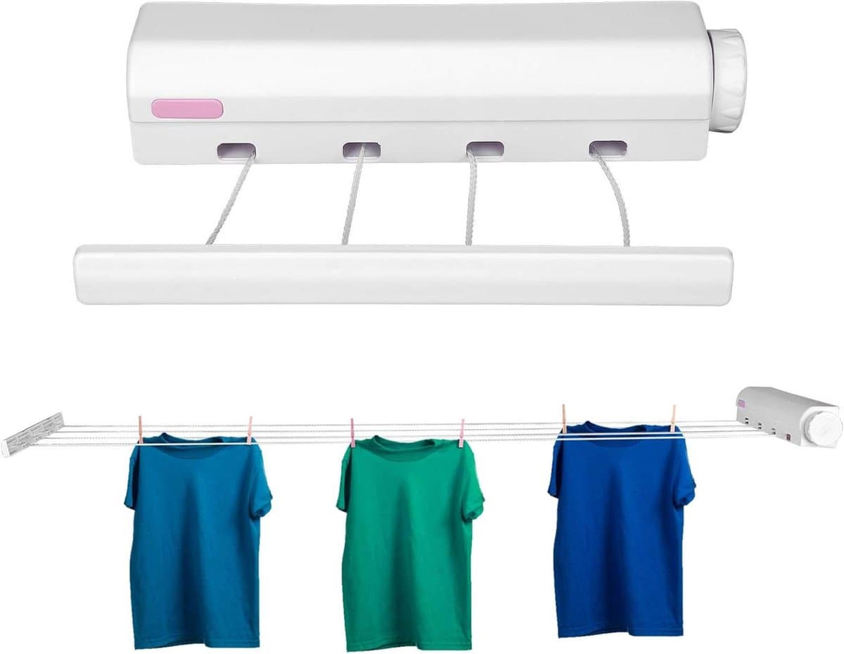 Intrekbare Waslijn - Uitschuifbare Drooglijn - Kleding Drogen - Vier Uittrekbare Touwen - 32 Meter - Wit — afbeelding 1