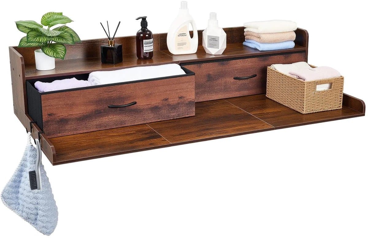 M-Goods - Wasmachine Ombouw - Wasmachinekast met 2 Lades - Wasmachine Verhoger - Opbergplank - Vintage Houtlook — afbeelding 1