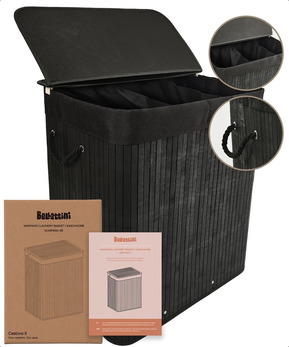 Bellettini® Bamboe Wasmand met Deksel - 3 Compartimenten Wassorteerder - 155 Liter - Zwart — afbeelding 1