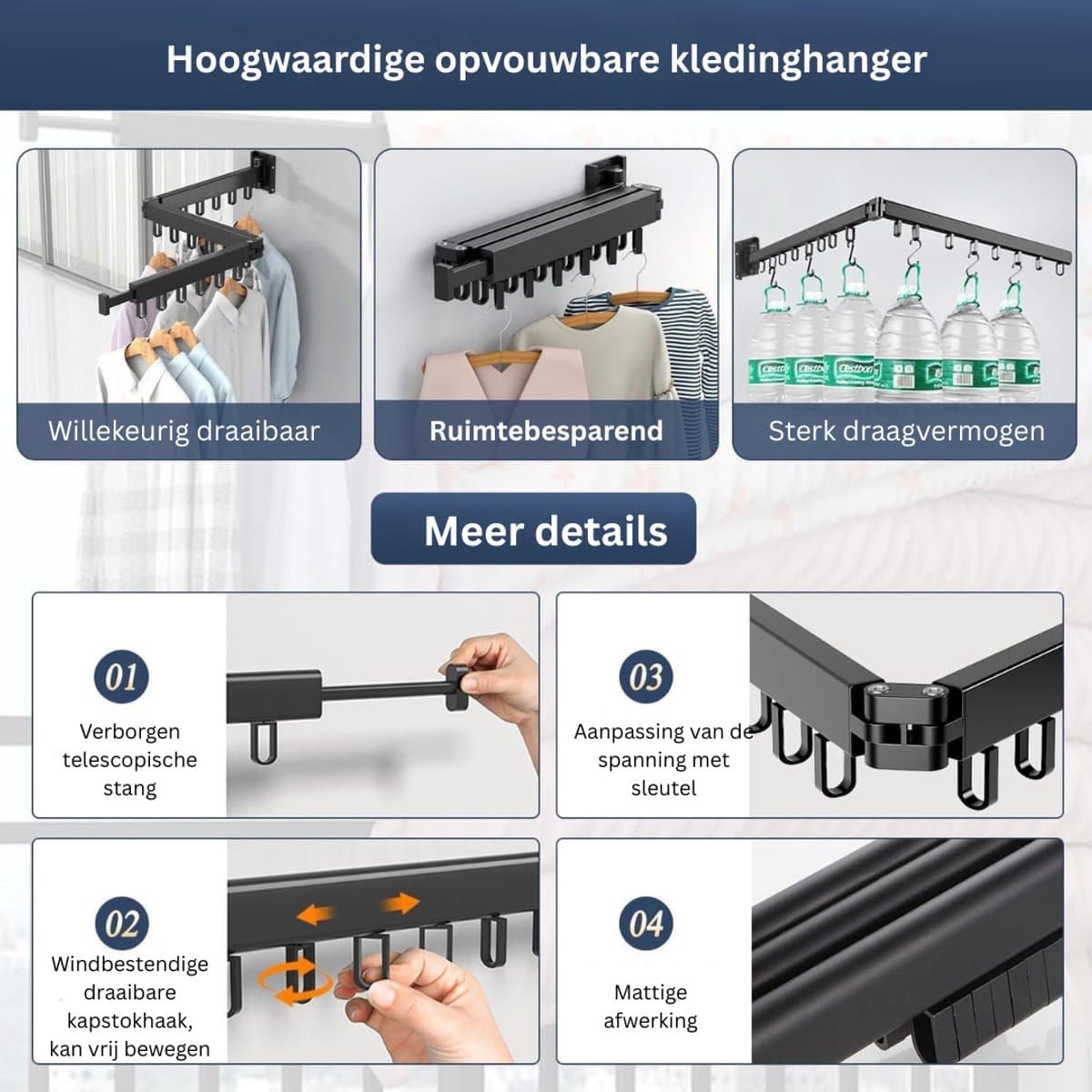 Wanddroogrek - Droogrek Inklapbaar - Wasrek - Droogtoren - Droogrekken -Zwart — afbeelding 1