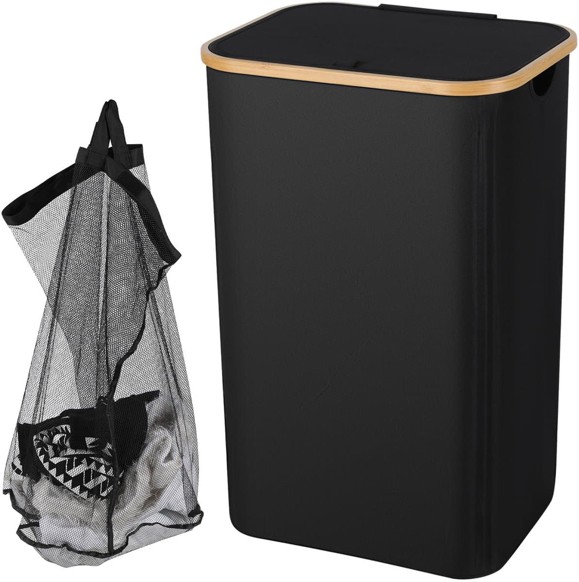 Slanke wasmand met deksel, 100 l, uitneembare voering van gaas, Oxford-stof, opvouwbaar, 44 x 33 x 69 cm, grijs — afbeelding 1