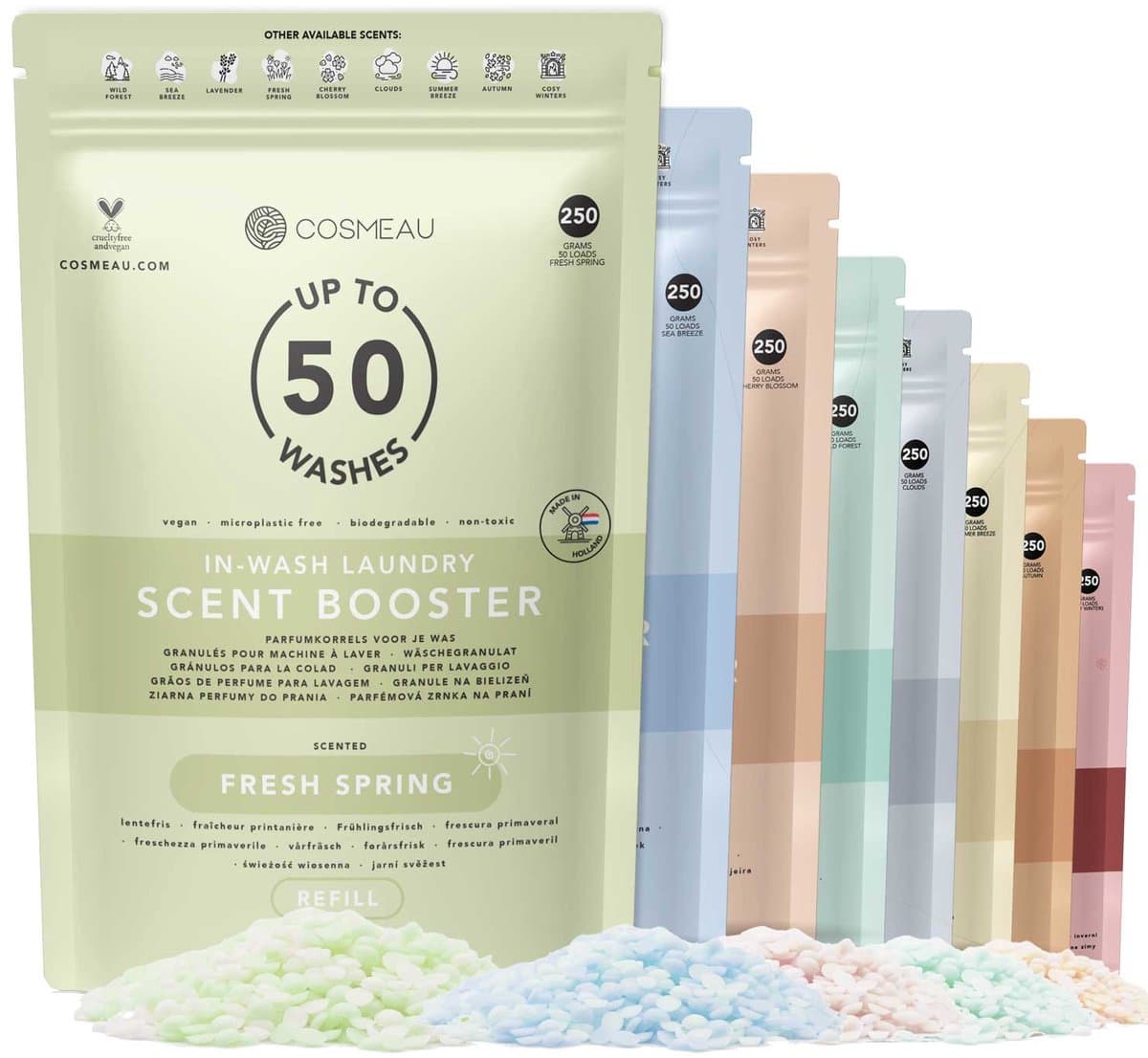 Cosmeau Geurbooster Proefpakket Navulling Lentefris Lavendel Zeebries Kersenbloesem Wilde Bossen Wolkendek Zomerbries Herfst Pure 9x50 wasbeurten - Geurkralen Wasparfum Scent Booster — afbeelding 1