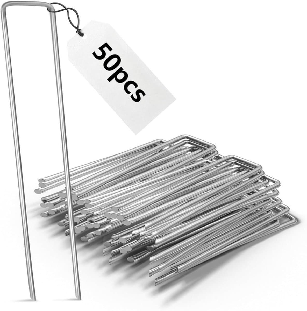 Set van 50 roestvrije grondankers voor onkruidwerend doek, gegalvaniseerde stalen pinnen voor het bevestigen van onkruidwerende tegels, onkruidfolie of voor kamperen - 150 x 25 mm - Diameter 2,7 mm — afbeelding 1