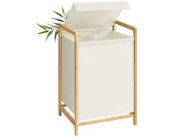 Wasmand – Met bamboe frame – Twee compartimenten – Afneembaar deksel – 100 L – Crèmewit – 45 x 40 x 78 cm