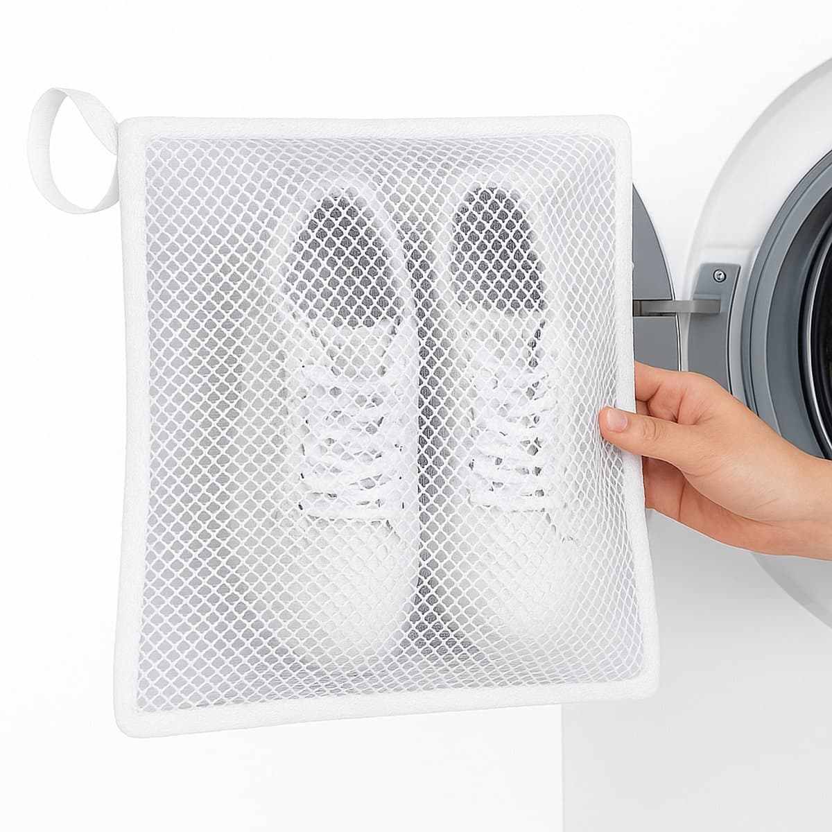 Sneakerdroger & Waszak – 2-in-1 Droog- en Wasoplossing voor Sportschoenen, Kleding & Wasgoed | Duurzame Mesh Polyester | 40,5 × 40,5 cm – Wit — afbeelding 1