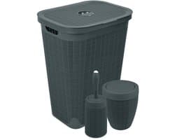 Set 'Hessian' - Wasmand 60 liter - Toiletborstel doseersysteem - Prullenbak swingdeksel - Antraciet