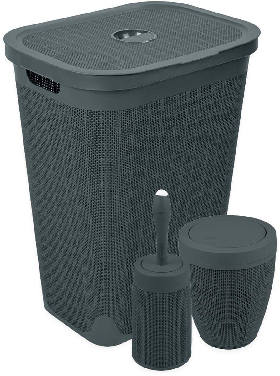 Set 'Hessian' - Wasmand 60 liter - Toiletborstel doseersysteem - Prullenbak swingdeksel - Antraciet — afbeelding 1