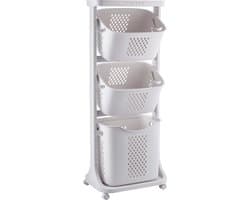 Rollende Waskar – Wasmand met 3 Vakken – 360° Wielen – Geventileerd – Ruimtebesparend – 3 x 25L – Wit