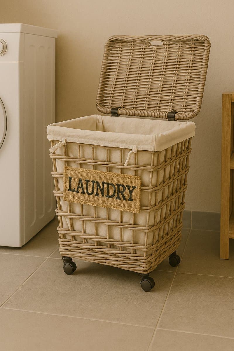 Rieten Wasmand op Wielen Klein | Deksel, Linnen Voering & Leren Sluiting | Handgemaakt Indonesië — afbeelding 1