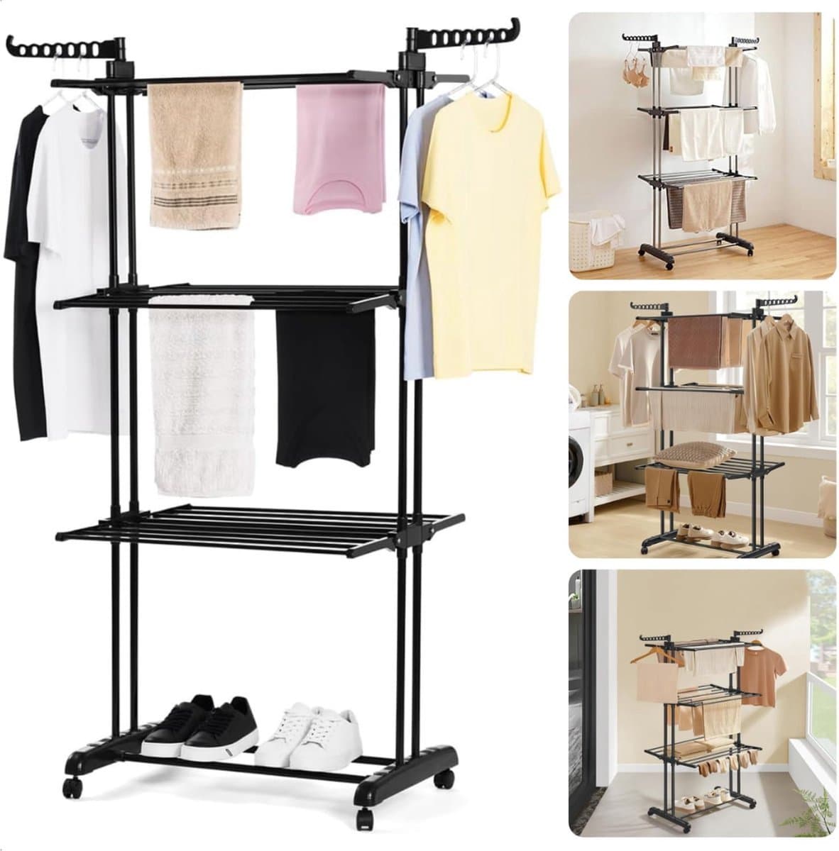 Thuys – Droogtoren 4 Verdiepingen – Droogtoren – Droogrek – Opvouwbaar – 40m Linnen Lengte – 10 x 10 x 10cm – Zwart — afbeelding 1