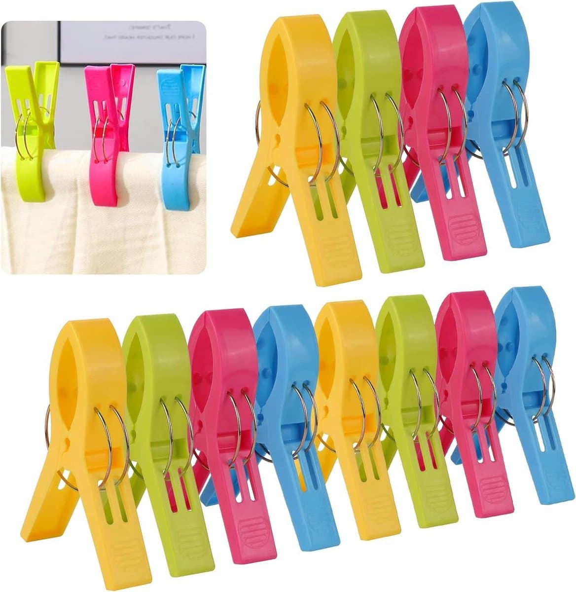 Allecto Plus - Grote Wasnijpers Set van 12 stuks in 4 kleuren - Winddichte Klemmen voor Kleding en Handdoeken - 12 cm Lengte — afbeelding 1