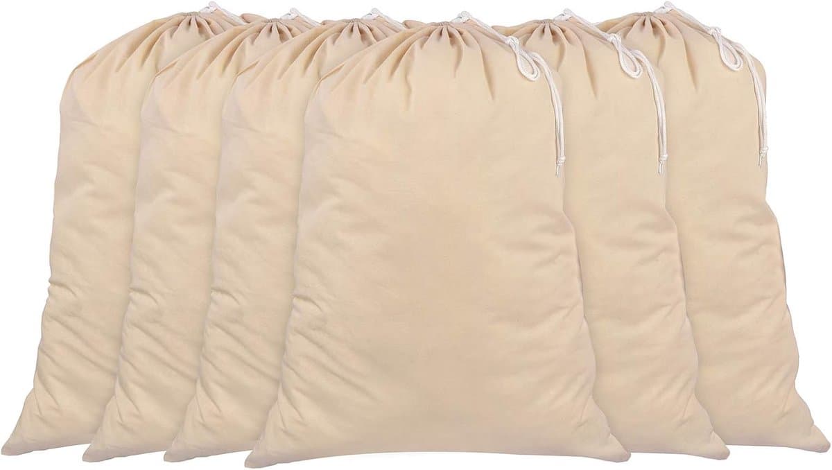 Famanu - Pack van 6 - 100% Katoen Extra Large Heavy Duty Waszakken in Natuurlijke Kleur – 71 CM x 91 CM – Zeer duurzaam, Trekkoord met koord-lock, Machine Wasbaar en herbruikbaar — afbeelding 1