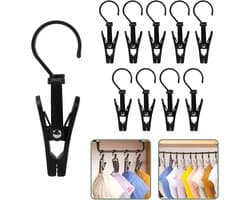 Washaken Clip - Drooghaak voor kleding - met 360 graden draaibare haak - Washaken met klemmen - kleerhangers voor sokken - Sterke plastic wasknijpers - Veelzijdig - draagbare antislip plastic hangers clips - 10stuks - zwart