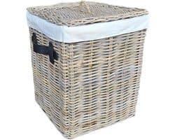 Rieten Wasmand 42cm | Deksel & Linnen Voering | Zwarte Leren Handgrepen | Handgemaakt Indonesië — afbeelding 1
