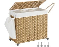 SONGMICS Wasmand met deksel, 160 L, wasverzamelaar 3 compartimenten, wassorteerder met wielen, in rotan look, waszak verwijderbaar, voor wasruimte, 70 x 36 x 66 cm, Natuurlijke kleuren