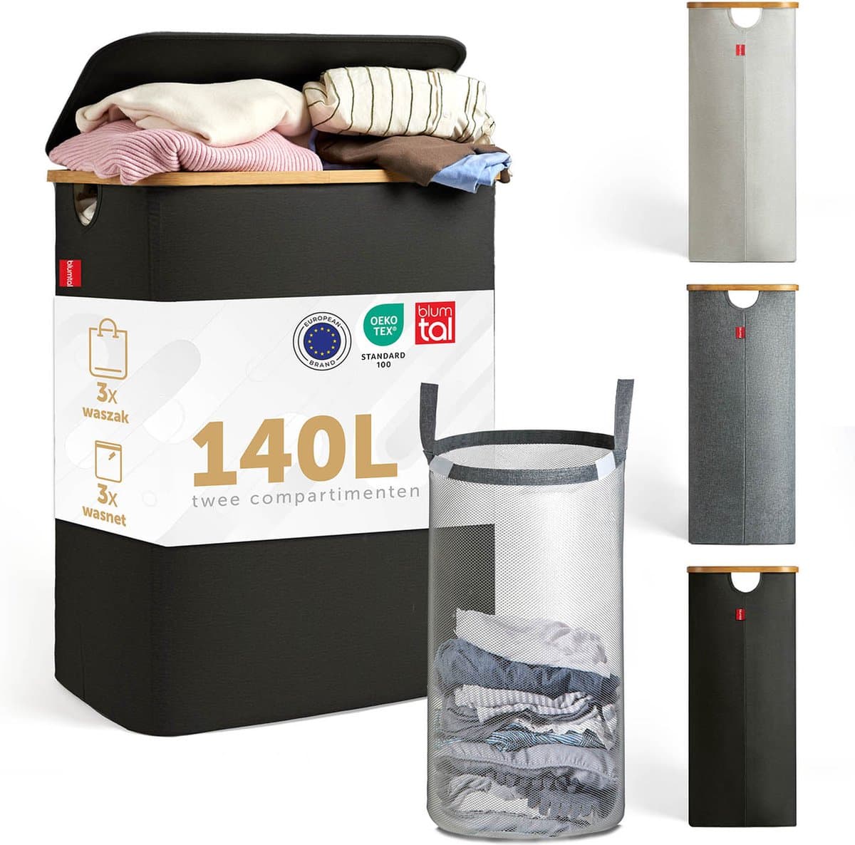 Blumtal Wasmand 140L - Wasmand met 2 uitneembare waszakkken - Wasmand met 2 vakken - Smalle wasmand - Flesverzamelaar - Wasmand met deksel - Zwart — afbeelding 1