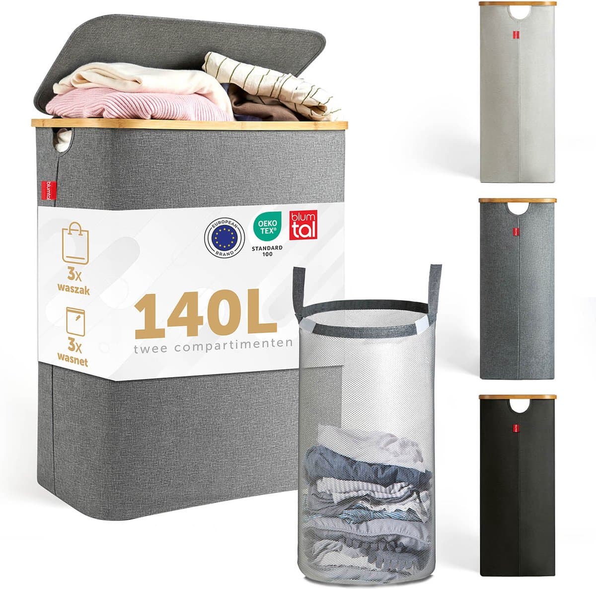 Blumtal Wasmand 140L - Wasmand met 2 uitneembare waszakkken - Wasmand met 2 vakken - Smalle wasmand - Flesverzamelaar - Wasmand met deksel - Grijs — afbeelding 1