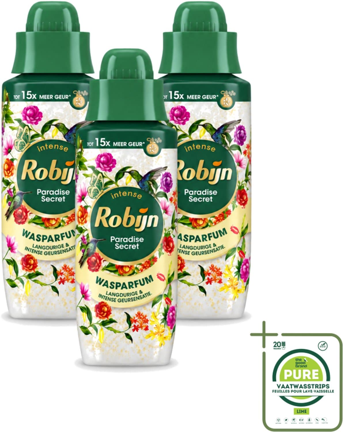 3 x Robijn – Wasparfum – Paradise Secret – 342 ml - Grootverpakking - Vaatwasstrips - Wasparfum - Wasparfum Voor Kleding - Geurboost - Botanische Geur - Wasmiddel — afbeelding 1
