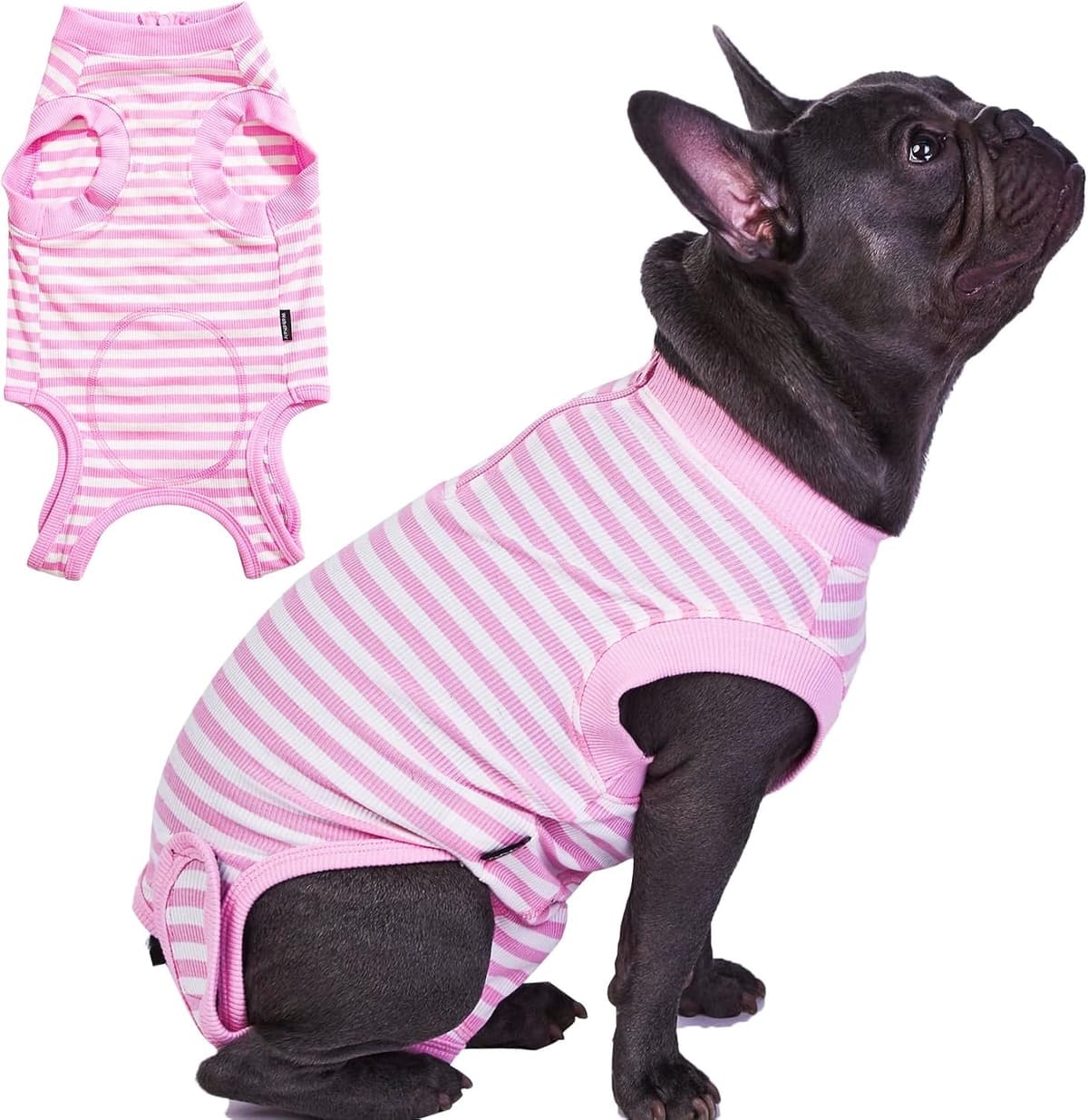 Wabdhally Herstelpak voor honden, chirurgisch pak voor middelgrote vrouwelijke honden, zacht gekamd katoen, gestreepte roze onesie met rits, M — afbeelding 1