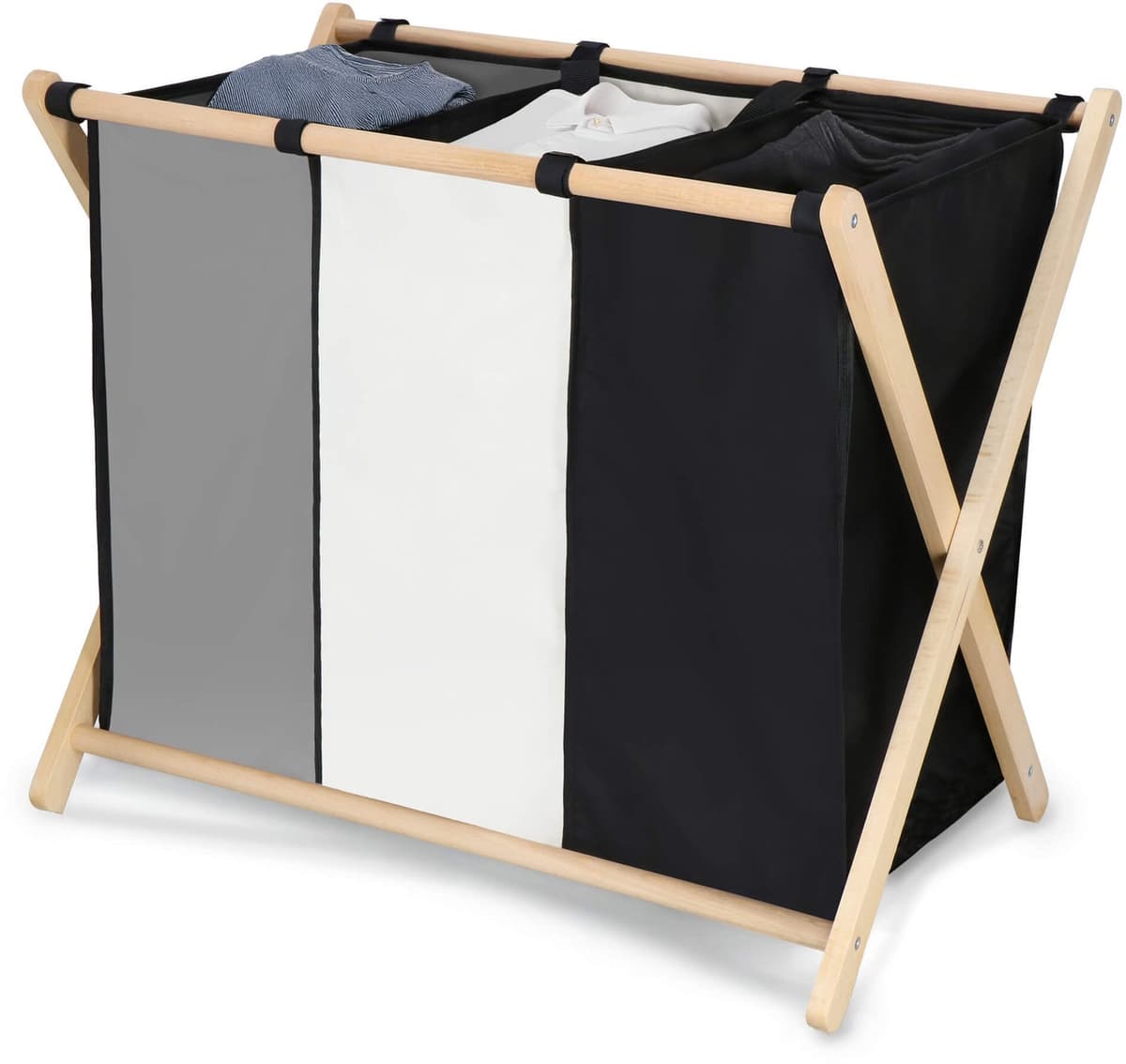 Muntel® Wasmand - Opvouwbaar - Beukenhout - Polyester - 3 Vakken - 105 L - Zwart - Grijs - Ecru — afbeelding 1