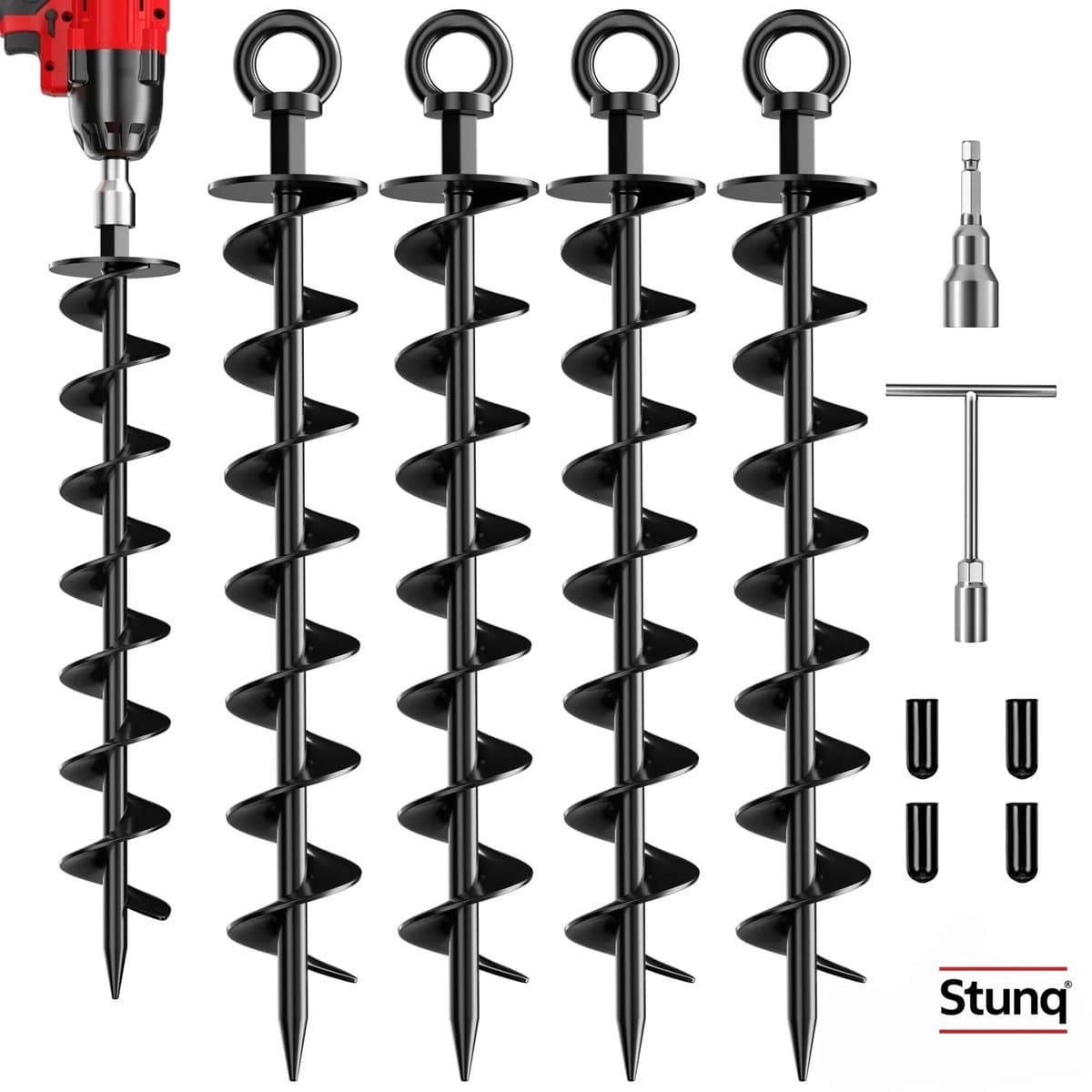 Stunq® 4-delige spiraalgrondankers met T-sleutel en booradapter — afbeelding 1