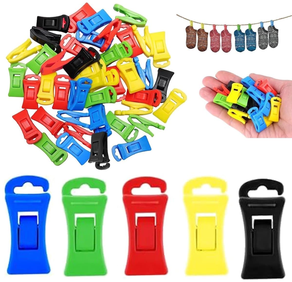 Dailygoods - sokkenklemmen voor wasmachine en droger, 100 stuks sokkenhouderclips, kleurrijke plastic sokklemmen voor organiseren en opbergen, antislip — afbeelding 1