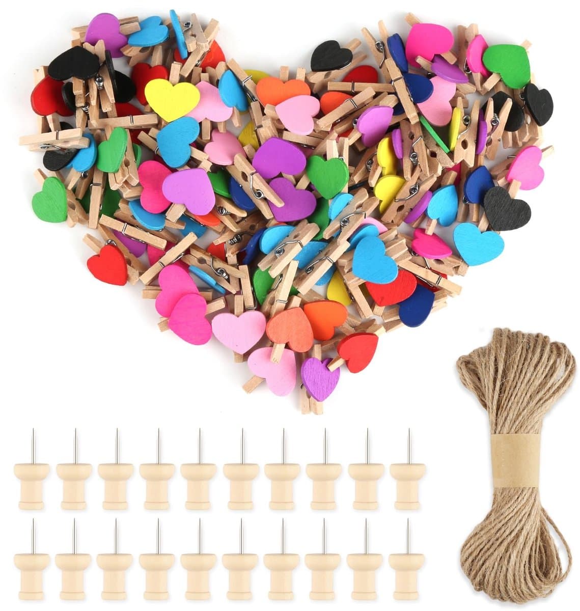 Dailygoods - 100 stuks mini-houten knijpers - Hartvormige wasknijpers in 10 kleuren — afbeelding 1