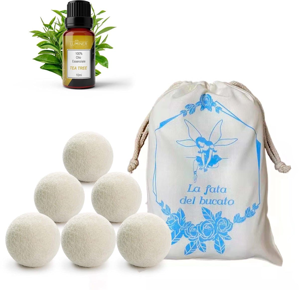 SnelShoppen - Wolballen voor Wasdroger, 6 Stuks, Bescherming tegen Kinken en Vangen van Haar, Essentiële Olie Theeboom, Natuurlijke Wasverzachter voor — afbeelding 1