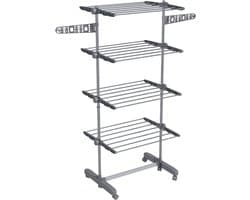 Grijze Wastoren 142 x 55 x 172 cm, Wasrek met 5 Niveaus, Opvouwbaar Droogrek met 6 Wielen, Inklapbaar Wasdroogrek, Verstelbare Etages, Sokkenhouders, Kledingrek voor Wasgoed, Badkamer en Balkon