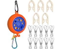 16-delige reiswaslijn set met 10 m uittrekbare waslijn, 5 opvouwbare kleerhangers en 10 roestvrijstalen klemmen, winddicht en ruimtebesparend, ideaal voor camping, hotel, balkon en camper