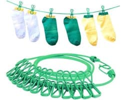 Elastische Reis Waslijn - Waslijn met Klemmen - Drogen van Kleding - Uittrekbaar en Rekbaar - 190 cm - Groen