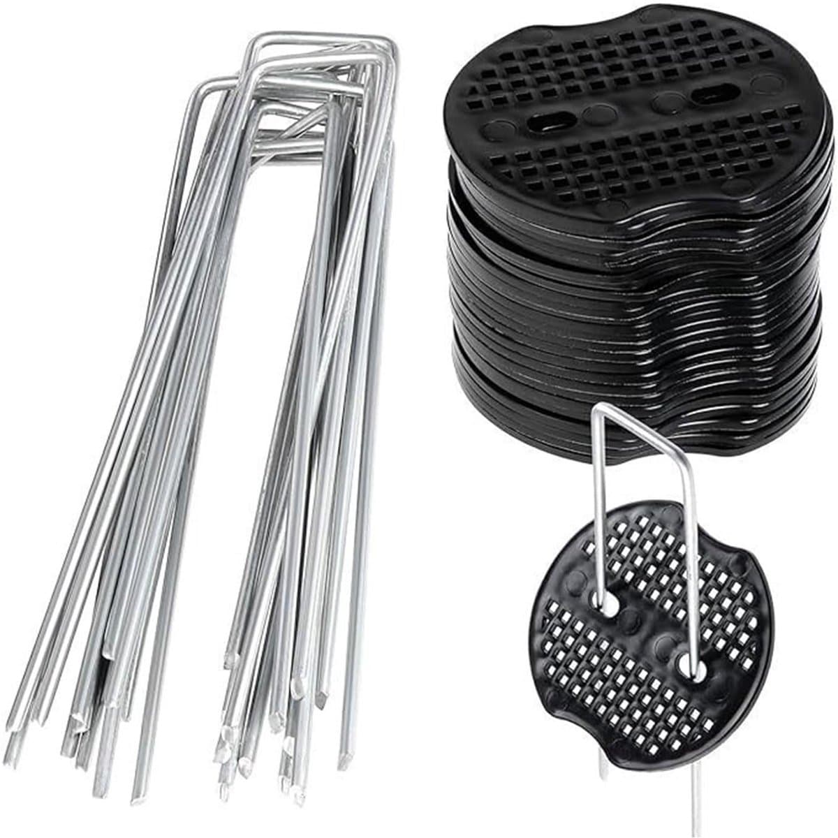 Haringen voor haringen, stabiel, grondanker, 50 grondankers + 50 bufferschijven, herbruikbaar, U-vormige haringen, anti-roest grondanker, tuinpalkken, voor onkruidbarrière, 15 x 4 cm, Ø 2,5 mm — afbeelding 1