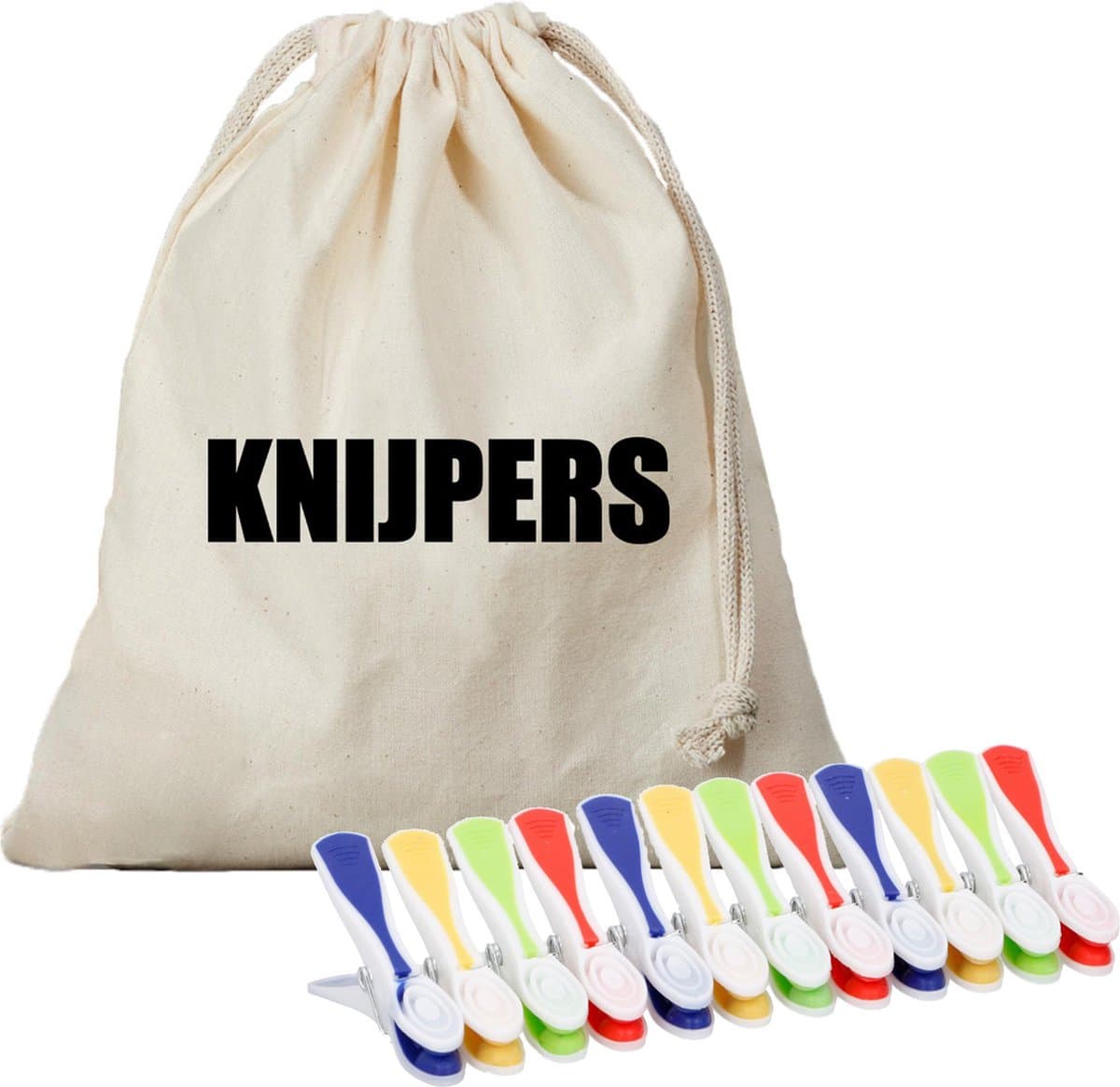 Canvas knijperzak/ opbergzakje knijpers wit/ offwhite met koord 25 x 30 cm en 48 plastic wasknijpers - Knijperzak met knijpers — afbeelding 1